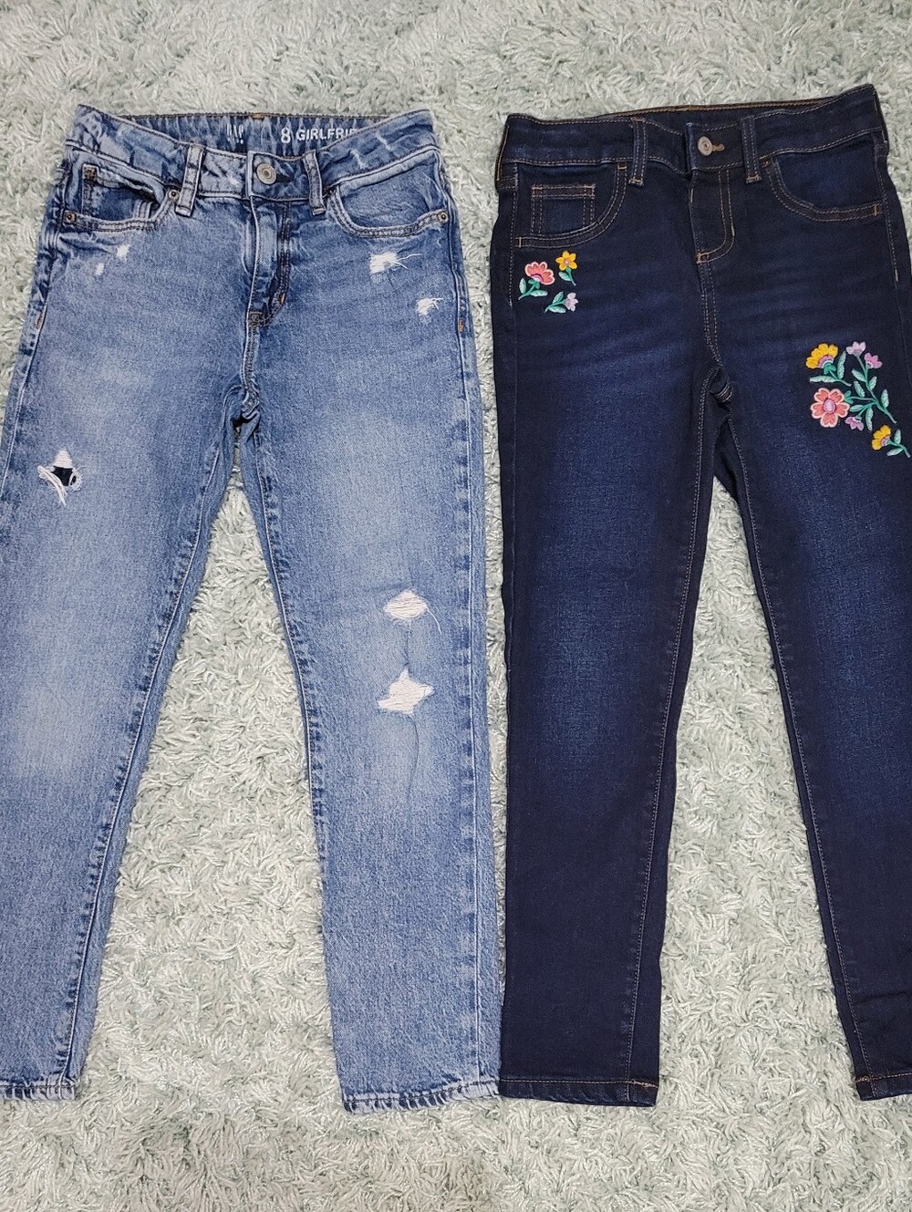 Girls Distressed Light Wash Jeans & Dark Floral Embroidered Skinny Jeans